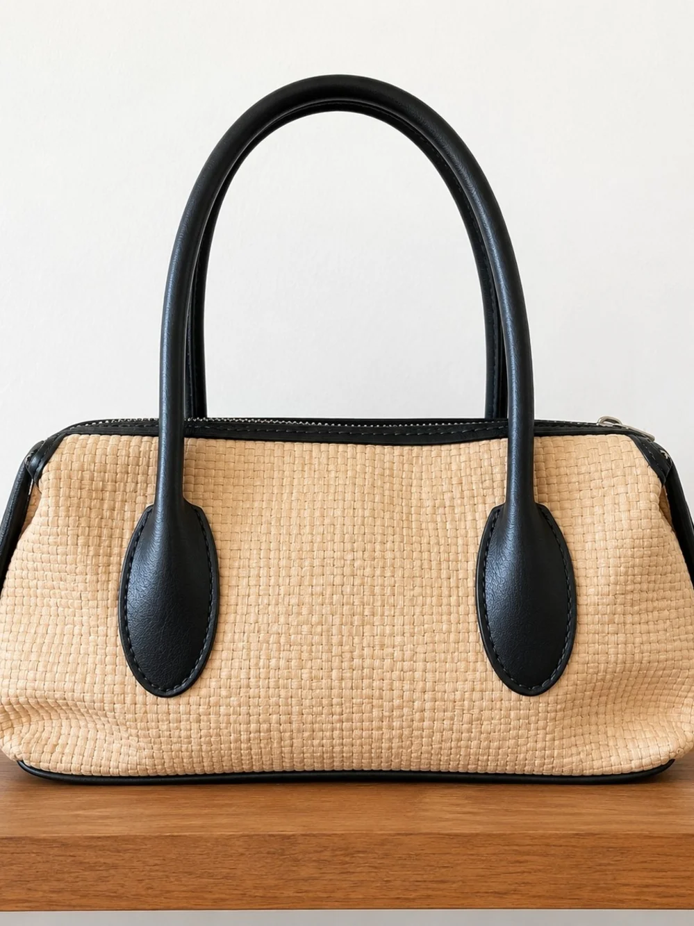 Classic Woven Straw Looking Tote with Black Leather Trim